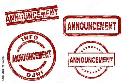 Set of stylized stamps showing the term announcement. All on white background.