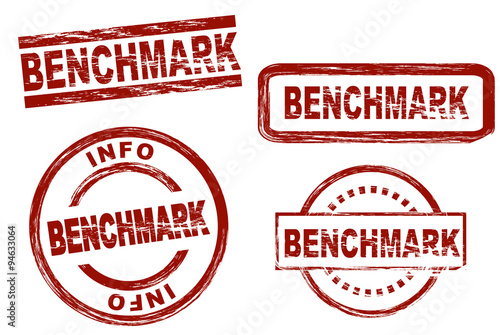Set of stylized stamps showing the term benchmark. All on white background.
