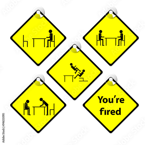 set of yellow tag You are fired story boss complain employee