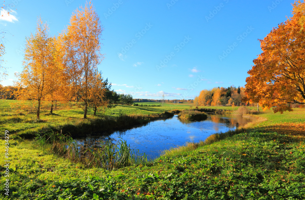 Rural estates in the autumn landscape with a pond. Rural estates in the autumn landscape with a pond.