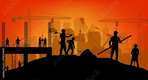 Construction worker silhouette at work background