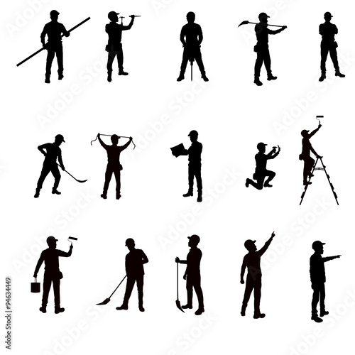 Silhouette workers and tools isolated background