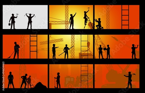 Construction worker silhouette at work background