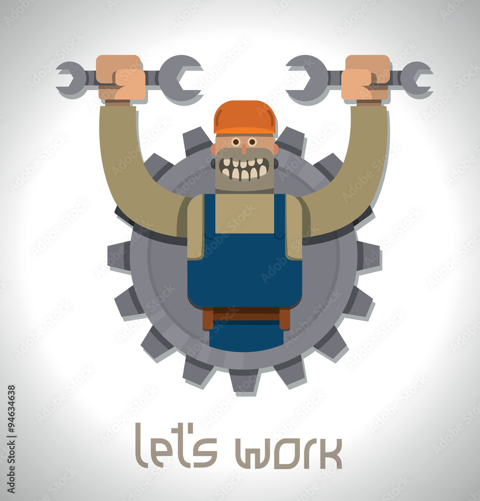 Fototapeta premium Vector strong worker with spanners, label. Cartoon image of a label in the form of gear with strong worker in blue overalls and an orange helmet with spanners in his hands on a light gray background. 