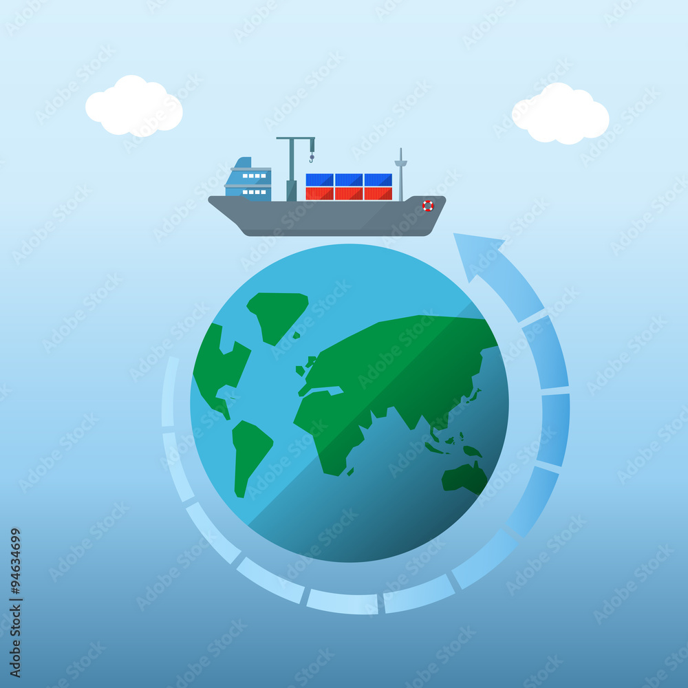 container vessel ship over around the planet