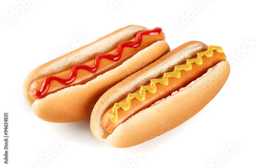 Papier peint Hot dogs with ketchup and mustard isolated on white background.