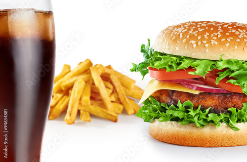 Hamburger with fries and cola isolated on white background.