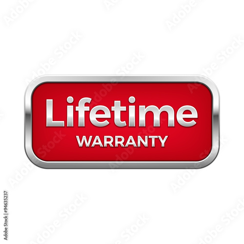 Red lifetime warranty button in silver frame
