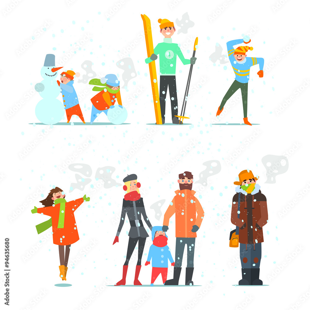 Naklejka premium People in Winter and Activities. Vector Illustration. 
