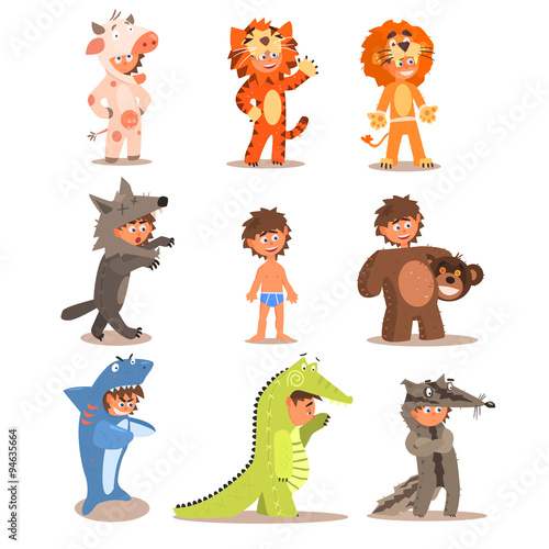 Little Boys Wearing Animal Costumes. Vector Set