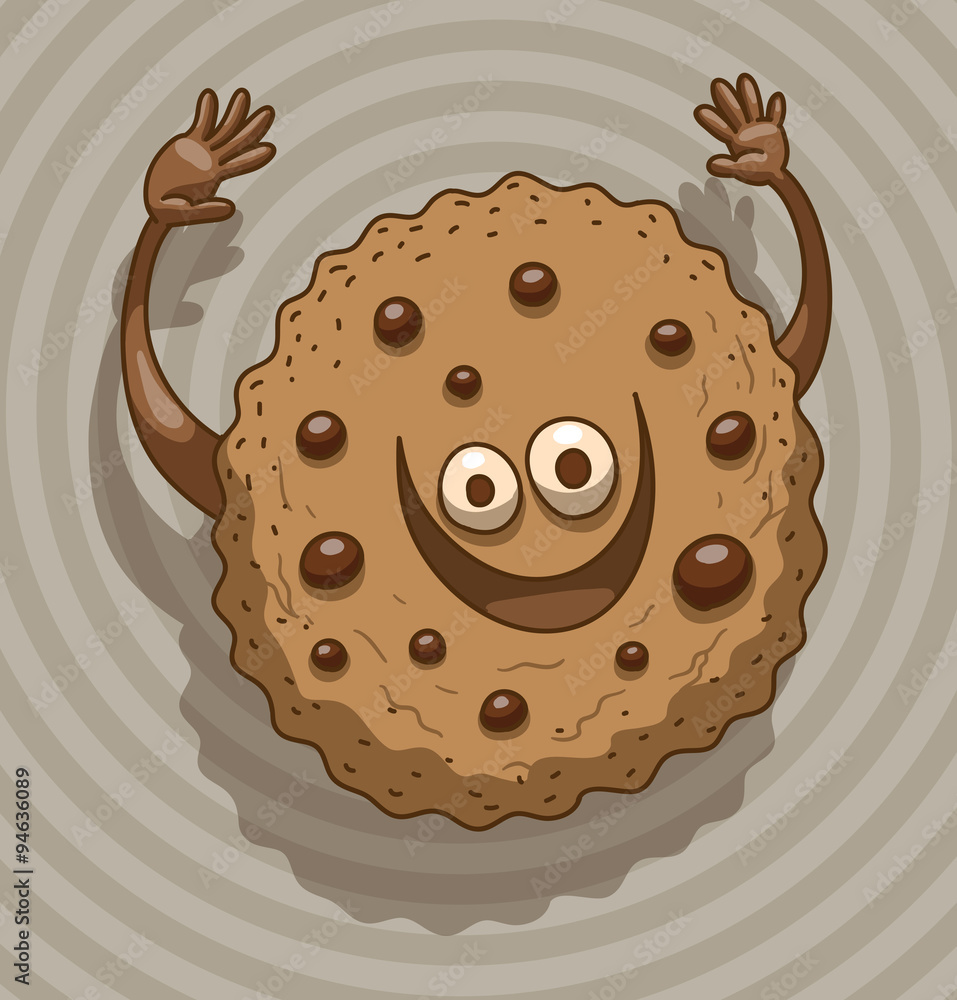 Vector funny sweetness, the cookie. Cartoon image of a funny light brown  cookies with chocolate smiling, on gray in the form of a spiral background.  Stock Vector | Adobe Stock