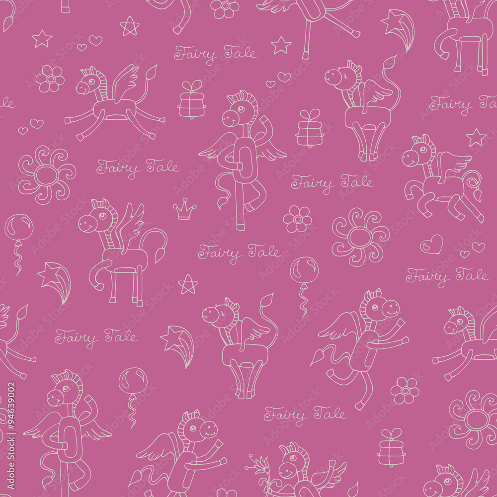 Pattern with hand drawn pegasus on pink color Pattern with hand drawn pegasus on pink color