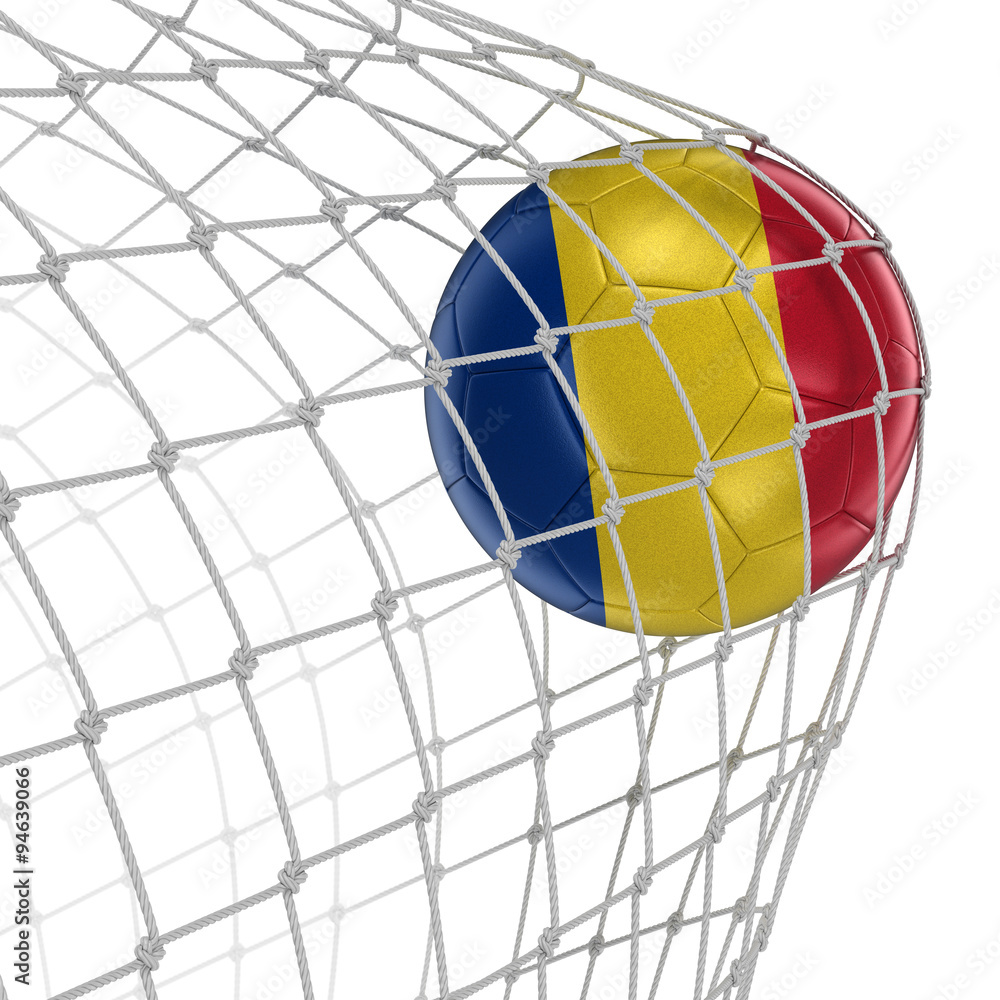 Soccer football with Romanian flag in net. Image with clipping path
