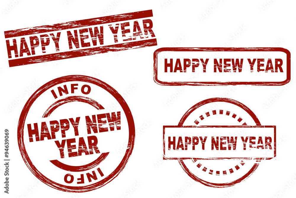 Set of stylized stamps showing the term happy new year. All on white background. Set of stylized stamps showing the term happy new year. All on white background.