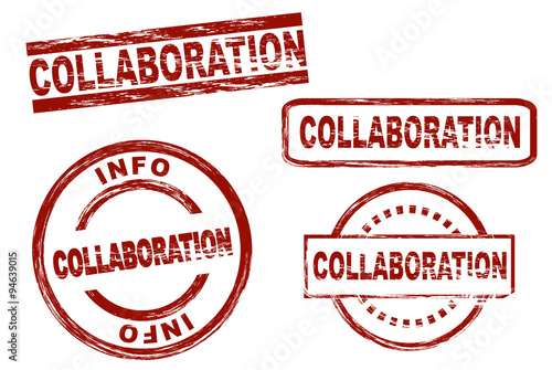 Set of stylized stamps showing the term collaboration. All on white background.