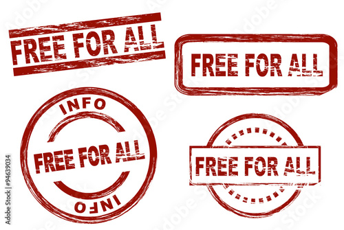 Set of stylized stamps showing the term free for all. All on white background.