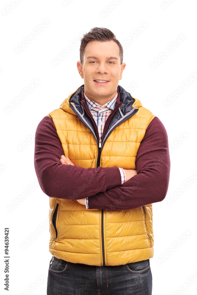 Casual young man wearing a yellow vest Casual young man wearing a yellow vest