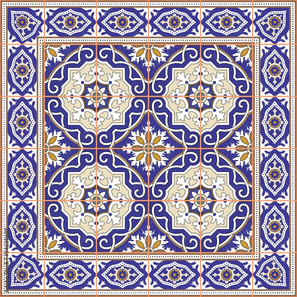 Seamless  pattern from tiles and border. Moroccan, Portuguese, Azulejo ornaments. 