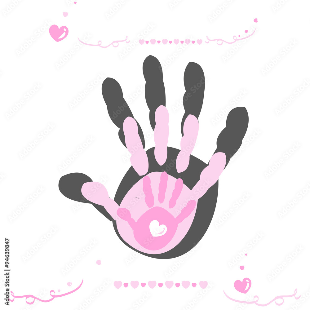 Hand print with family, baby girl, mother and father vector background Hand print with family, baby girl, mother and father vector background