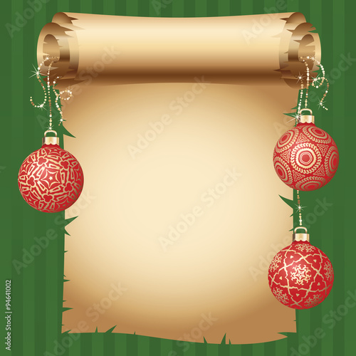 Medieval scroll paper and different vintage gold design Christmas balls on bright ribbon. Vector New Year greeting card