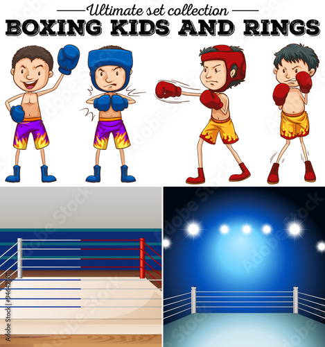 Boxers and ring in blue and red