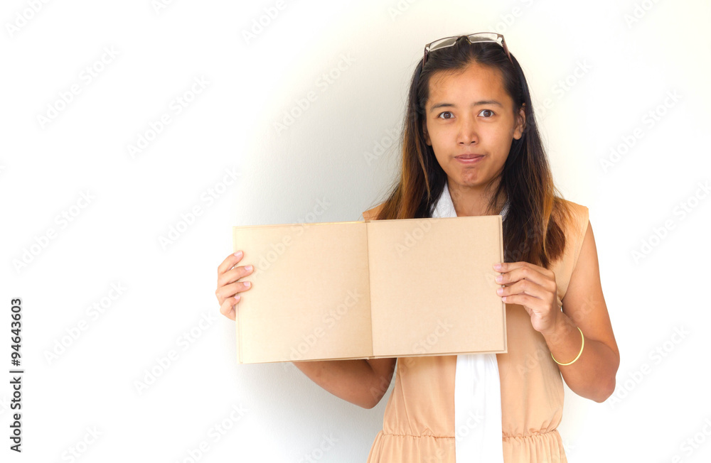 Beautiful business asian woman with blank notebook white background Beautiful business asian woman with blank notebook white background