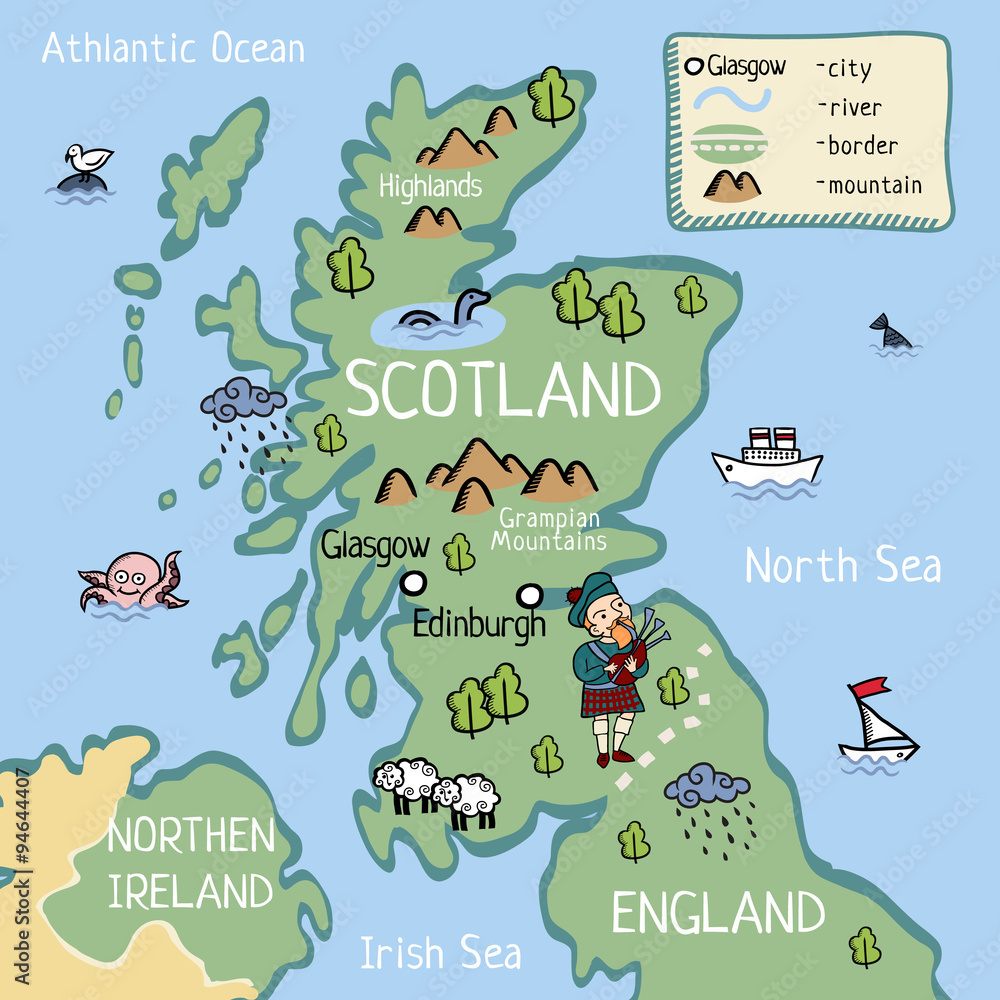 Cartoon vector doodle map of Scotland for kids. For tourist guide or children book.