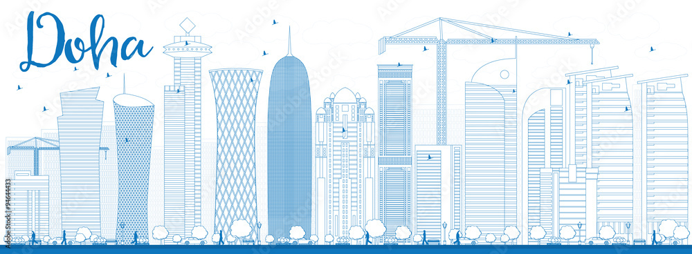 Outline Doha skyline with blue skyscrapers