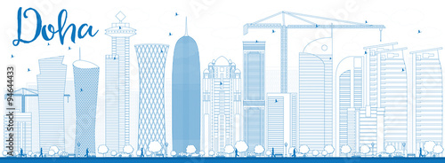 Outline Doha skyline with blue skyscrapers