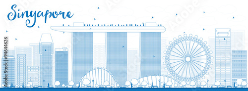 Outline Singapore skyline with blue landmarks.
