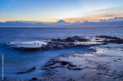 Japan seacape coastline and Mt. Fuji in beautiful sunset