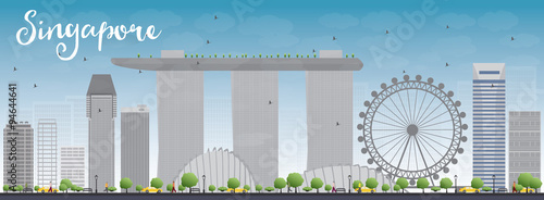 Singapore skyline with grey landmarks and blue sky.