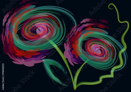 Unusual flowers are painted using self-made brushes.