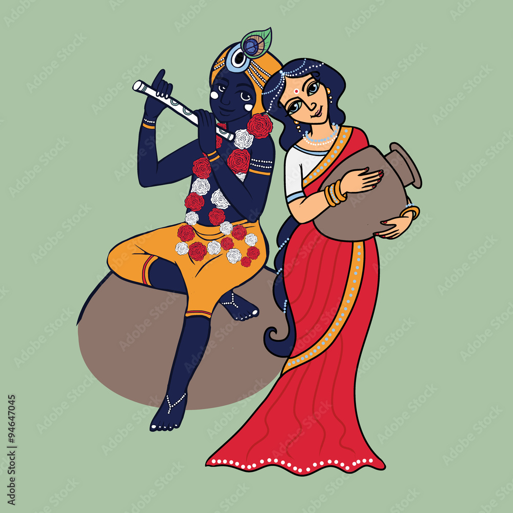 Cartoon Hindu gods Krishna and Radha. Lord Krishna playing on flute.  Shrimati Radharani with pot in red sari. Stock Vector | Adobe Stock