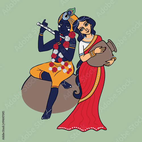 Cartoon Hindu gods Krishna and Radha. Lord Krishna playing on flute. Shrimati Radharani with pot in red sari. photo