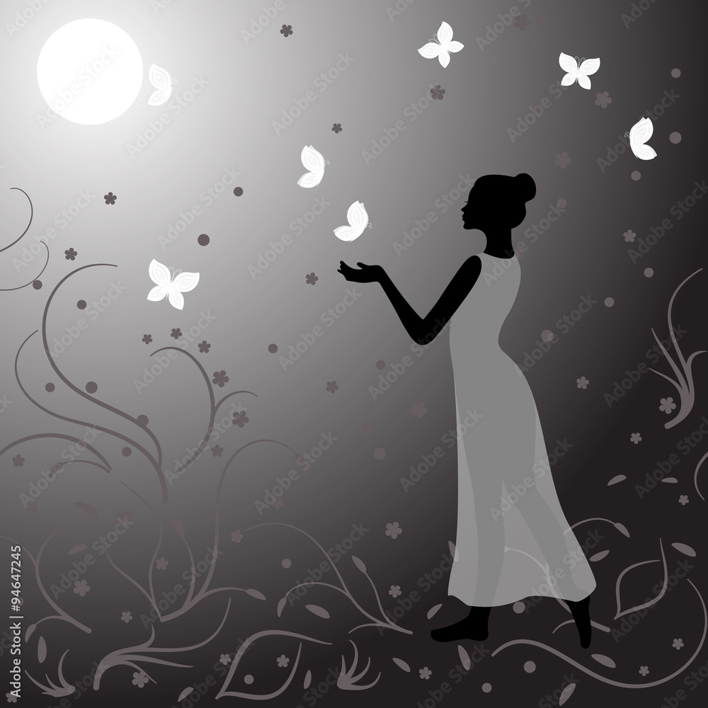 Girl clothed in gauzy dress in night with butterflies Girl clothed in gauzy dress in night with butterflies