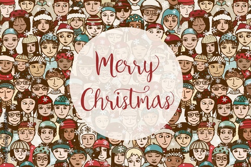 Weihnachtskarte mit vielen handgezeichneten Menschen