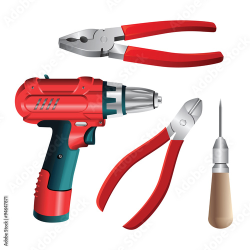 Set of work hand tools. Nippers, awl, pliers. Vector illustration of electric screwdriver or drill isolated on white background