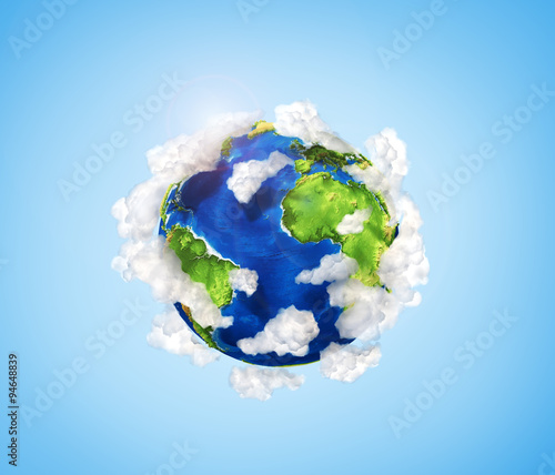 Fototapeta Naklejka Na Ścianę i Meble -  Small planet with oceans and mountains in clouds.