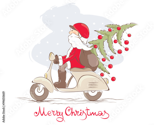 Vector illustration - funny Santa on a scooter