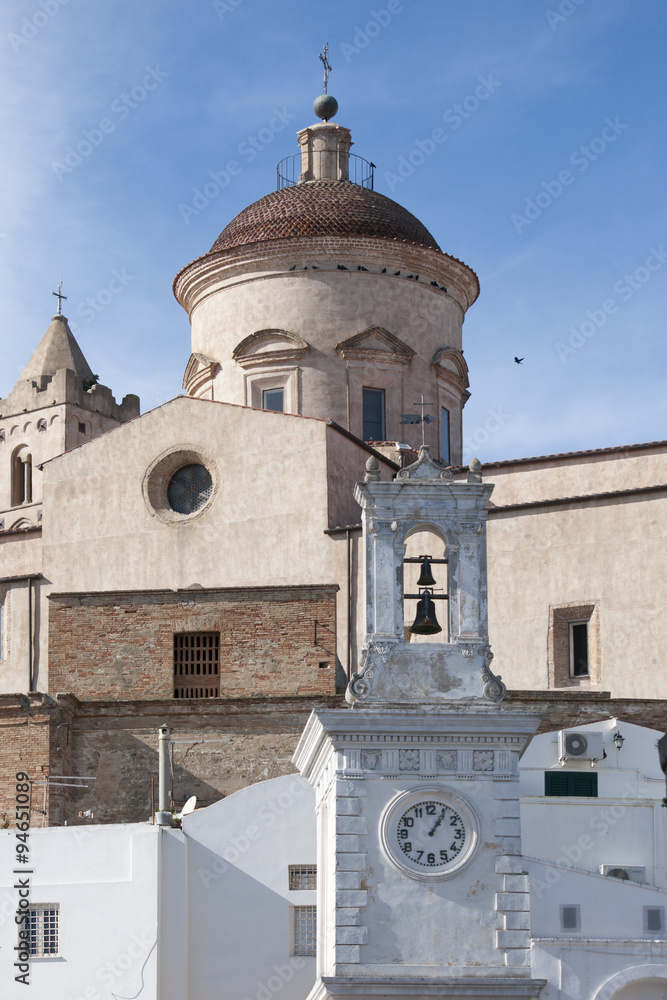 Fototapeta premium Vertical view of bell tower with clock in Pisticci south Italy