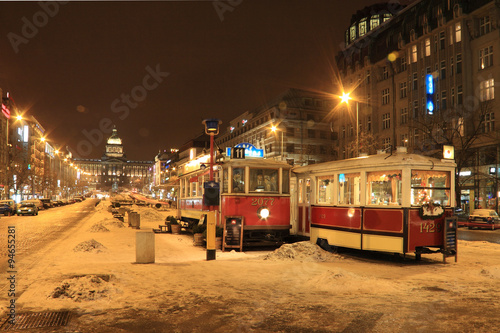 Historically Tramway in snowy Prague in the Night
