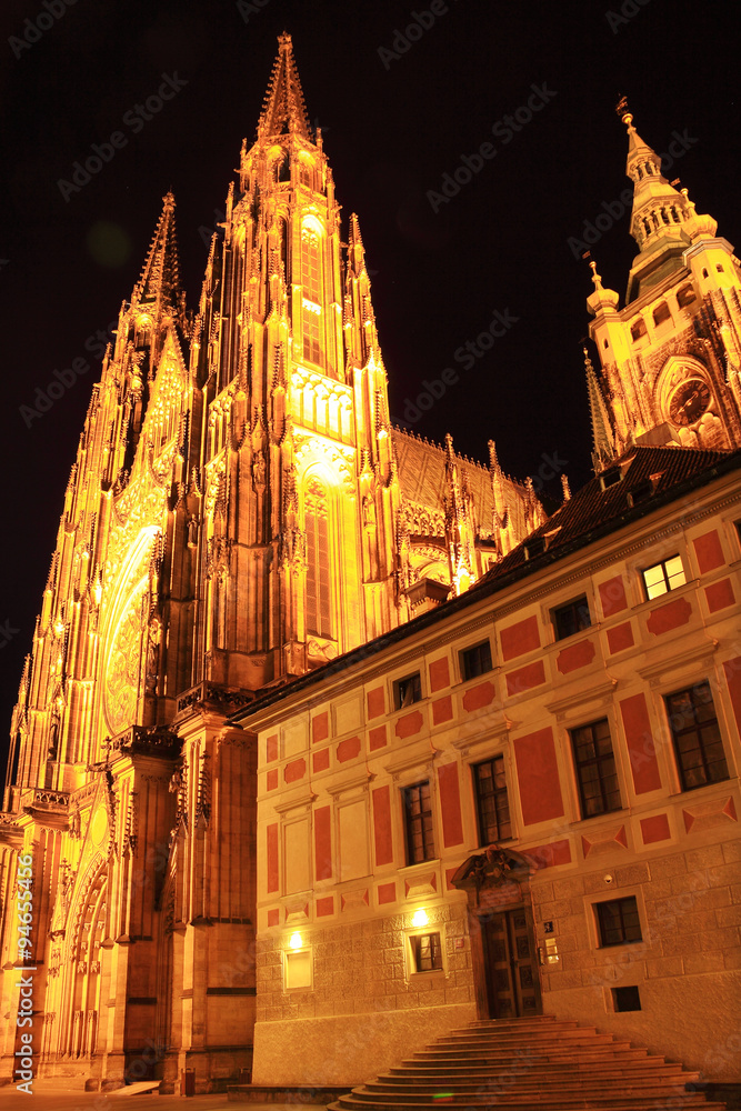 Night View on gothic St. Vitus' Cathedral on Prague Castle, Czech Republic