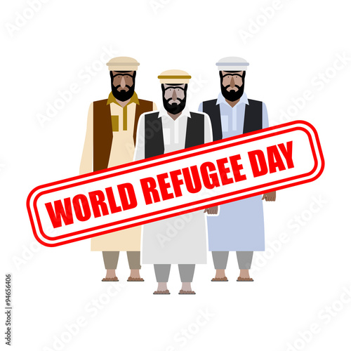 World refugee day. Expatriates in  Syrian garments. refugee stam