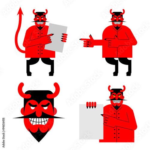 Set satana and devil. Daemon in different poses. Scary red demon