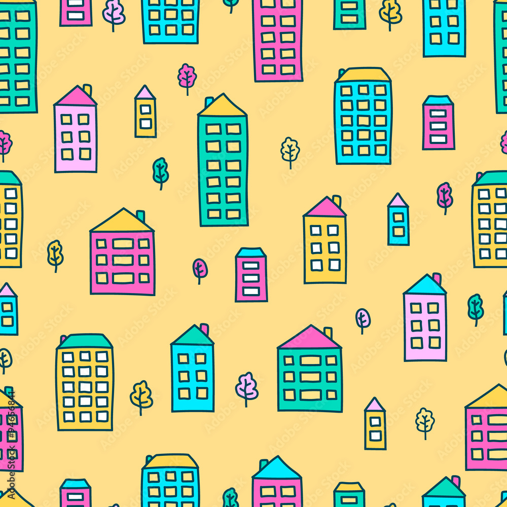 Vector seamless pattern with hand drawn doodle houses and trees. Bright colors - pink, blue, green, yellow. On yellow background.