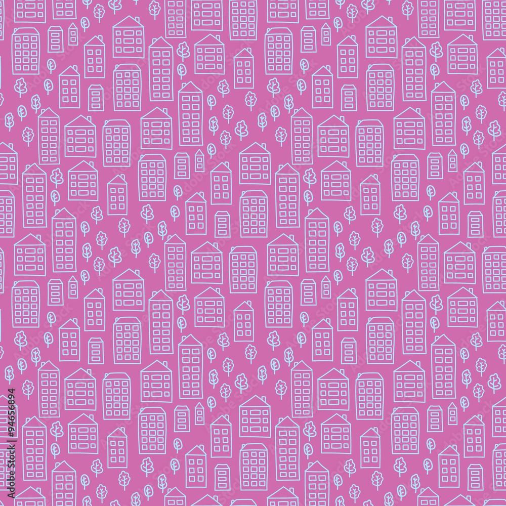 Vector seamless pattern with doodle houses and trees. Blue homes on pink background. Vector seamless pattern with doodle houses and trees. Blue homes on pink background.
