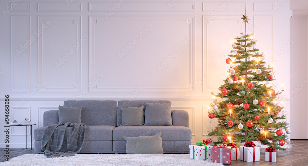 Obraz premium Sofa beside a christmas tree - ensemble mit sofa und Weihnachtsbaum