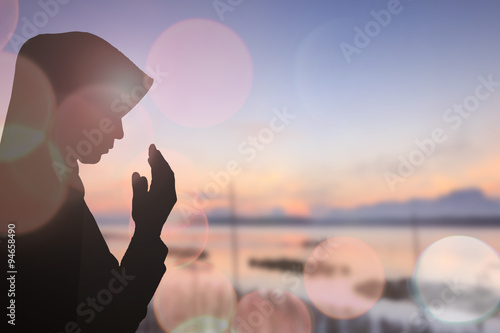 Stampa su tela Abstract silhouette rights muslim women happy wear hijab pray on mosque background concept respect islam people calendar, woman pakistan hope charity peace in eid mubarak
