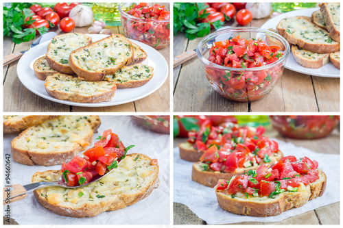 Bruschetta with tomatoes, herbs and oil on toasted garlic cheese bread, collage